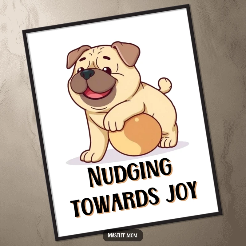 Funny happy Mastiff dog digital art print, capturing a gentle dog playfully nudging a rolling ball with warmth.