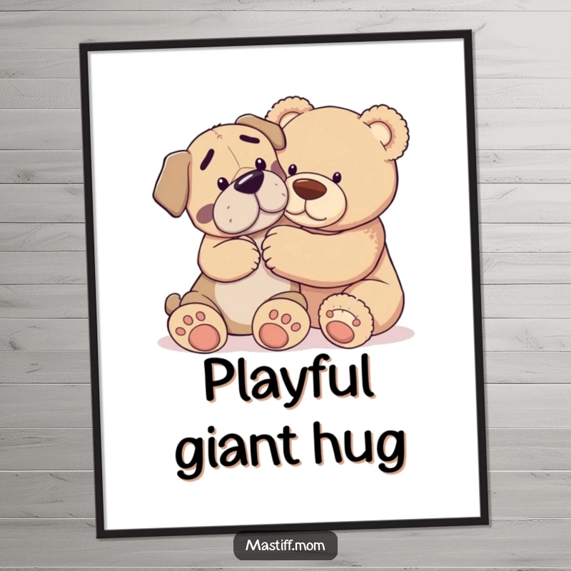 Funny digital art print of a Mastiff dog gently nudging a giant teddy bear, ready for printing and display of sweet affection.