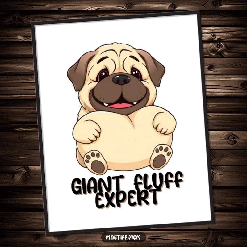 Funny Kawaii Mastiff digital art print of a gentle giant dog smiling and offering a large, soft pillow, perfect for cozy wall decor.