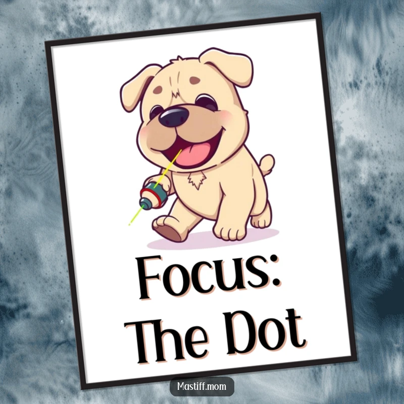 Funny Kawaii Mastiff digital art print of a happy panting dog adorably chasing a red laser pointer dot, adding playful charm.