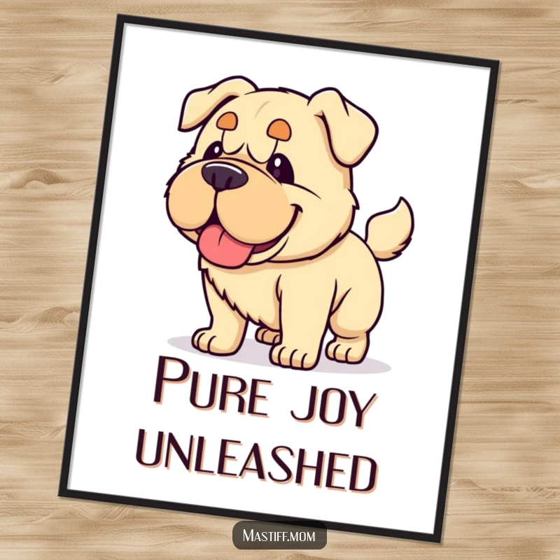 Funny Kawaii Mastiff digital art print, showing a dog panting happily and wagging its tail powerfully, high-resolution for dynamic display.