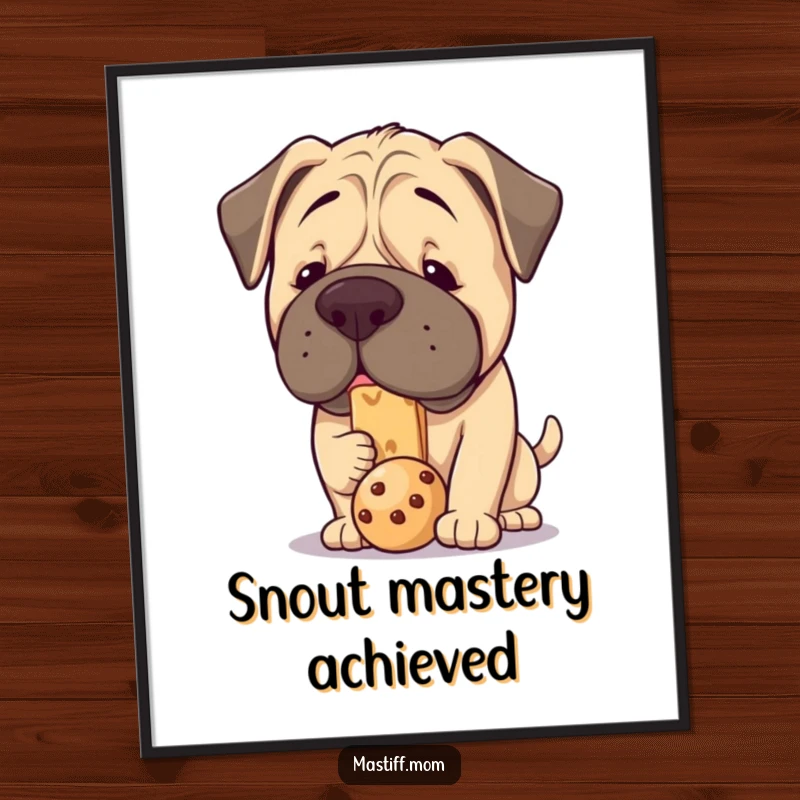 Funny Kawaii Mastiff Digital Art: A cute, plump dog concentrating hard on balancing a treat on its snout, ready for printing.