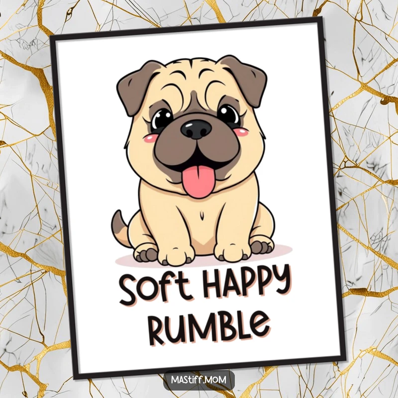 Funny Mastiff Grumble Digital Art Print, featuring a kawaii mastiff with a soft, happy grumble, for instant download and serene decor.