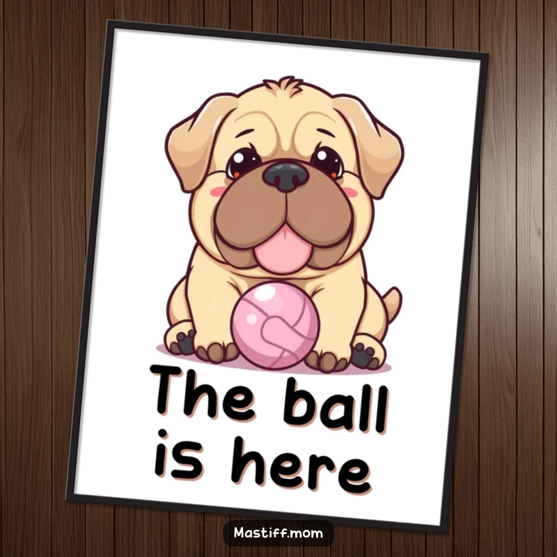 Funny Kawaii Mastiff digital art print of a dog with a warm expression gently nudging a tiny ball, conveying sweet, humorous affection.