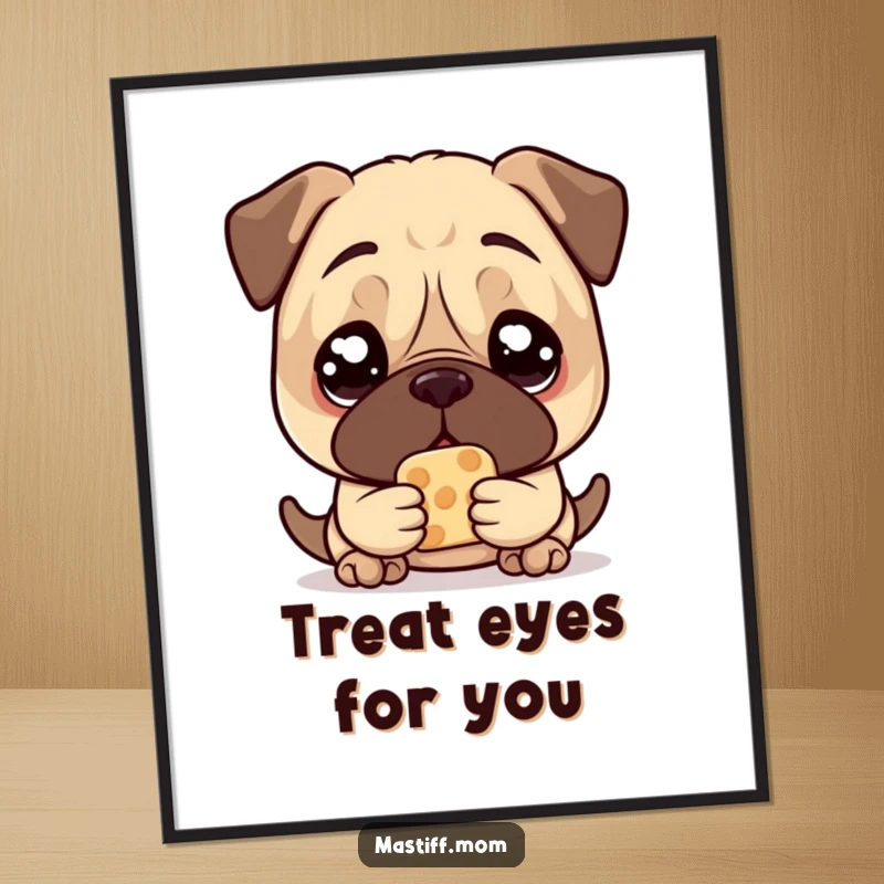Funny Mastiff Treat Digital Art Print, featuring a kawaii mastiff with large, pleading eyes holding one treat, for instant download.