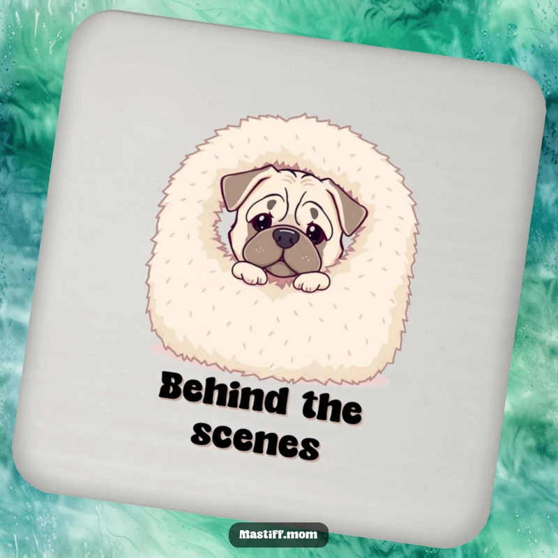 Funny Kawaii Mastiff drink coaster showing a curious dog peeking from behind a fluffy blanket, ideal for protecting tables.