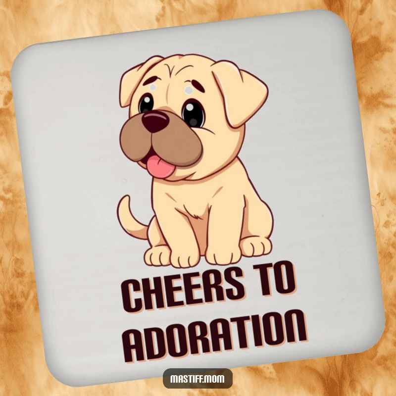 Funny Mastiff dog looking with pure adoration and a wagging tail, on a set of drink coasters.