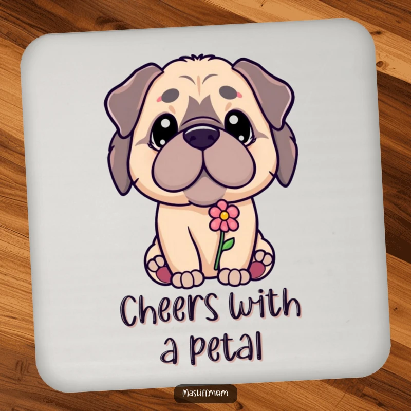 Funny Kawaii Mastiff puppy offering a tiny flower with a gentle gaze, on a protective drink coaster, a cute funny gift.
