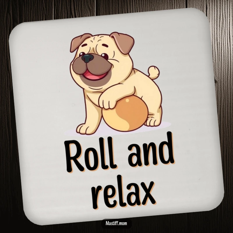 Funny happy Mastiff dog drink coaster, showing a gentle dog playfully nudging a ball, protecting surfaces with charm.
