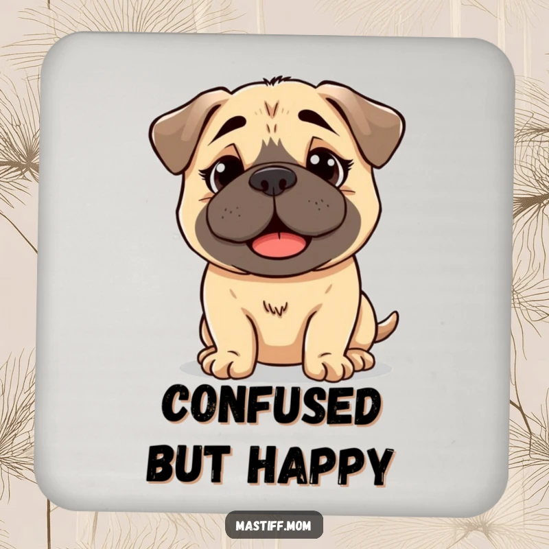 Funny kawaii Mastiff drink coaster showing a dog with a slightly bewildered but happy expression, protecting surfaces with charm.