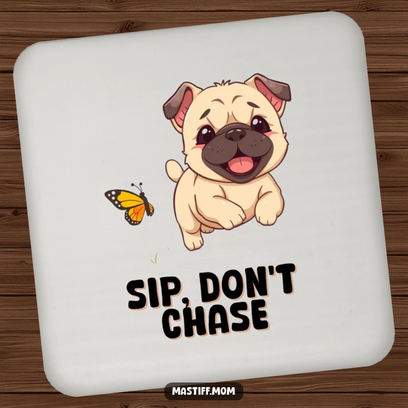 Funny Kawaii Mastiff puppy joyfully chasing a tiny butterfly, on a protective drink coaster, a cute funny gift.