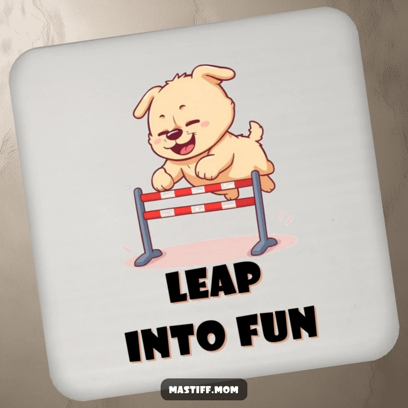 Funny Kawaii Mastiff coaster, showing a dog in a clumsy, joyous leap over a hurdle, adding humorous and spirited charm.