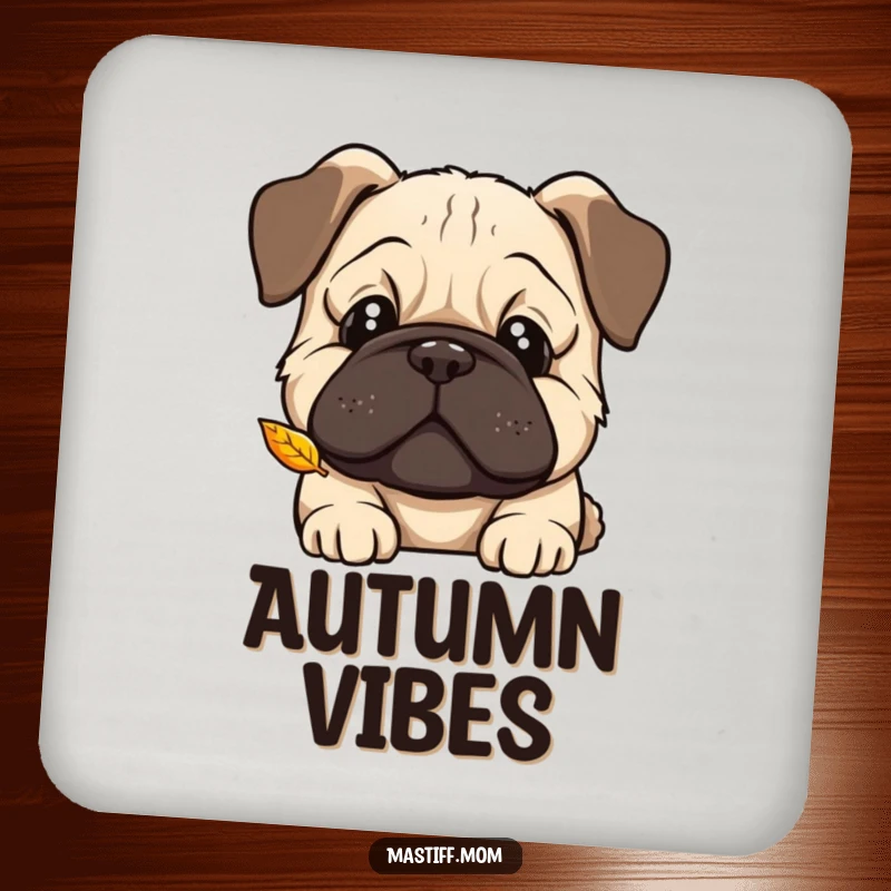 Funny Kawaii Mastiff drink coaster, curious head tilt, watching a falling leaf, protecting surfaces with adorable, gentle humor.