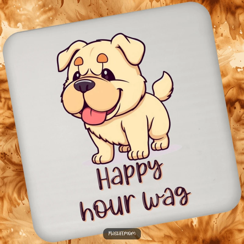 Funny Kawaii Mastiff coaster, showing a dog happily panting and wagging its tail with immense force, adding playful energy.