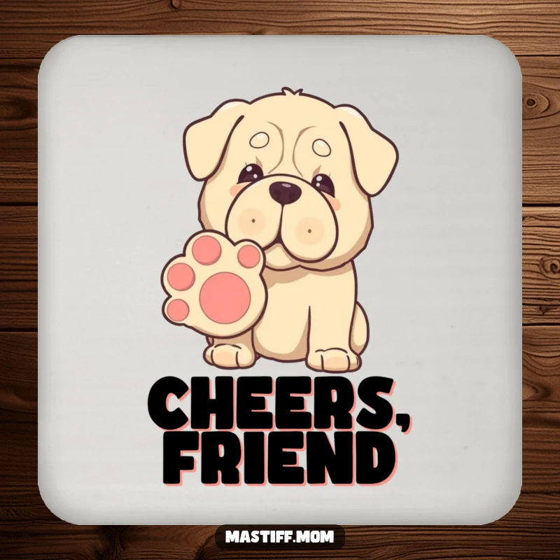 Funny Kawaii Mastiff drink coaster, gentle eyes, offering a giant paw for shaking, protecting surfaces with adorable, gentle humor.