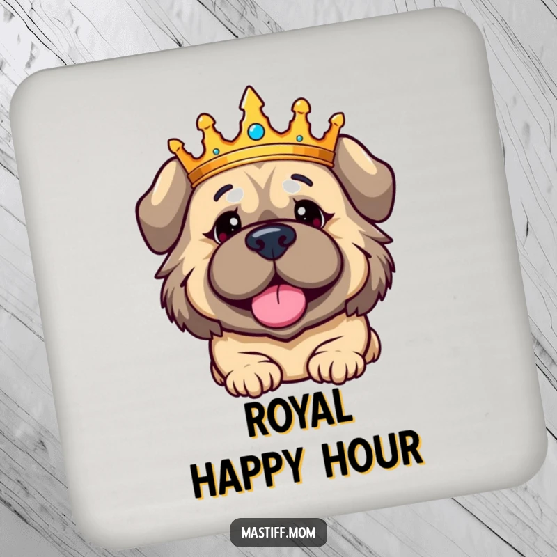 Funny Kawaii Mastiff coaster, showing a crowned dog with a regally amused expression, adding dignified and playful charm.