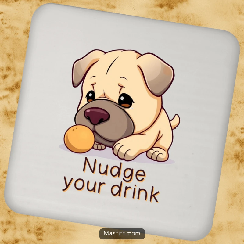 Funny Kawaii Mastiff coasters, a set of drink coasters with a cute big dog gently nudging a small object, adding charm.