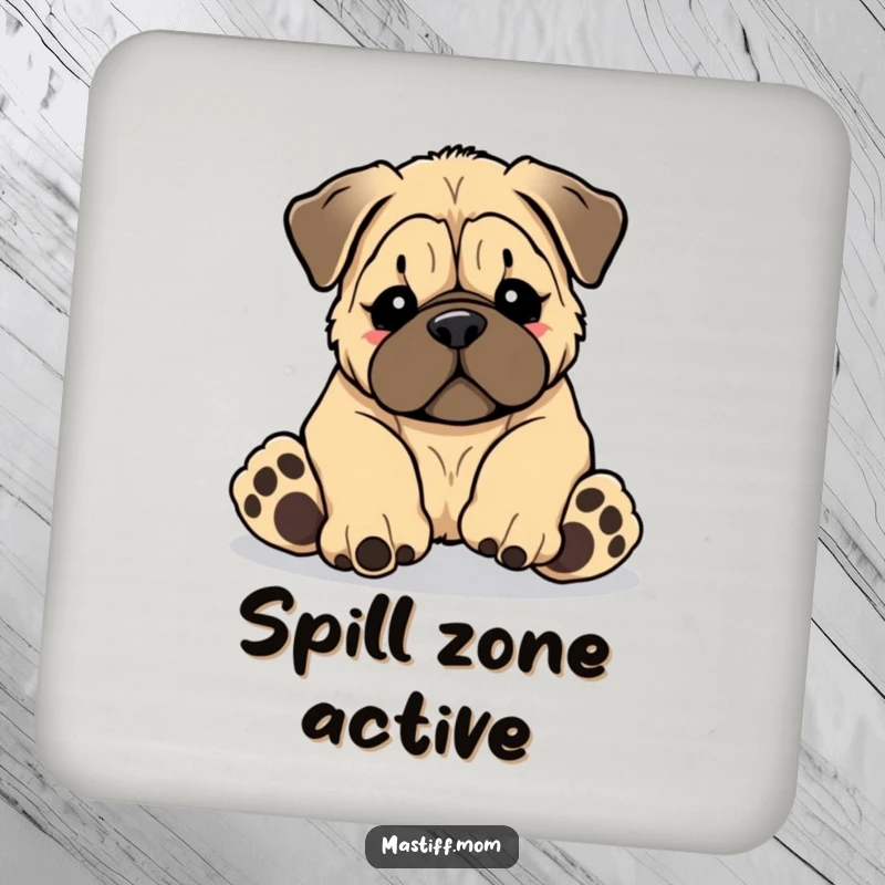 Funny Kawaii Mastiff puppy tripping over its giant paws, on a protective drink coaster, a cute funny gift.