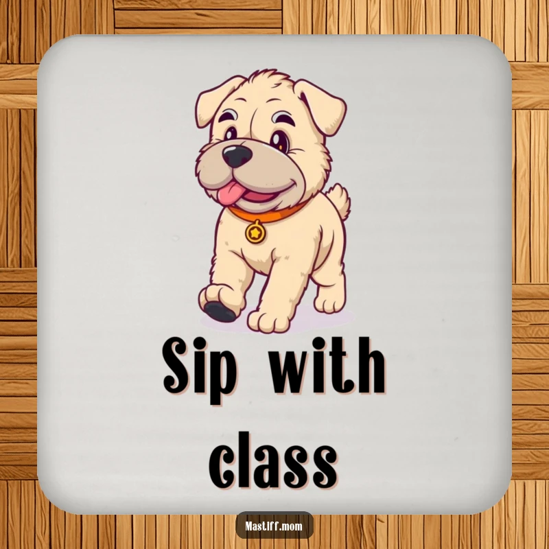 Funny kawaii Mastiff dog drink coaster, showing a cute dog walking with dignity, protecting surfaces with charm.