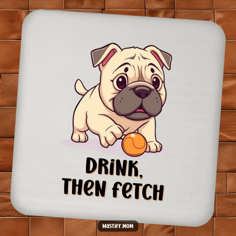 Funny Kawaii Mastiff Drink Coaster, humorously failing at fetch with a minuscule ball, perfect for tabletops. A practical and funny accessory.