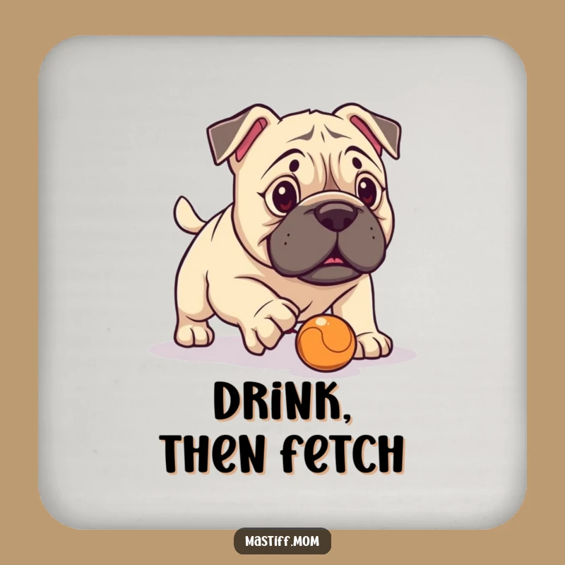 Funny Kawaii Mastiff Fetch Fail Drink Coaster: Protect Tables with Humor