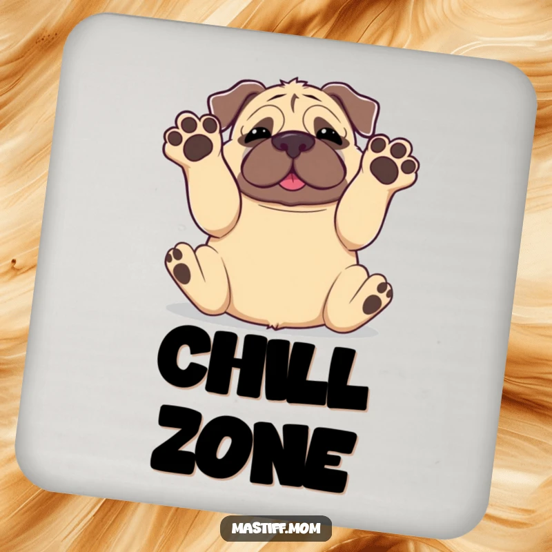 Funny Kawaii Mastiff Rolling Onto Back Paws in Air Coaster, cute drink accessory, silly dog illustration, humorous home decor.