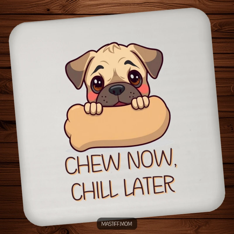 Funny Kawaii Mastiff Puppy Coasters displaying a cute dog peeking from behind a chew toy, protecting surfaces with humor.