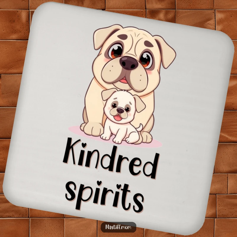 Funny Kawaii Mastiff drink coasters, with loving eyes, nudging a small, happy puppy, humorous decor.