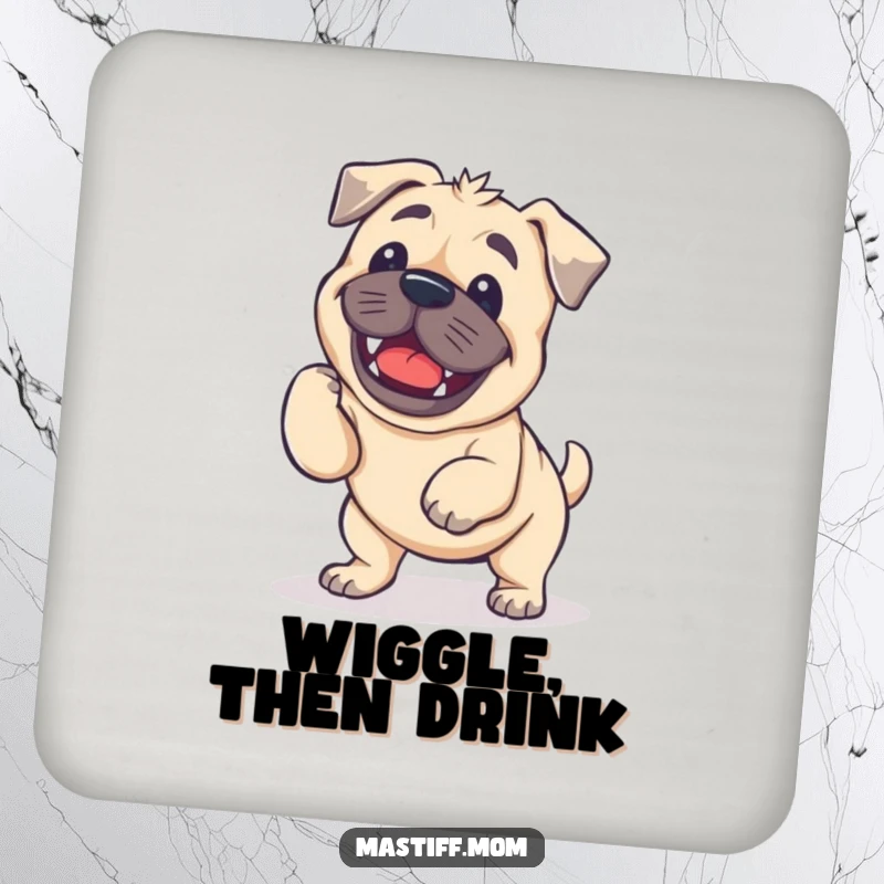 Funny Kawaii Mastiff Coasters featuring a dog doing a charmingly wobbly and enthusiastic wiggle.