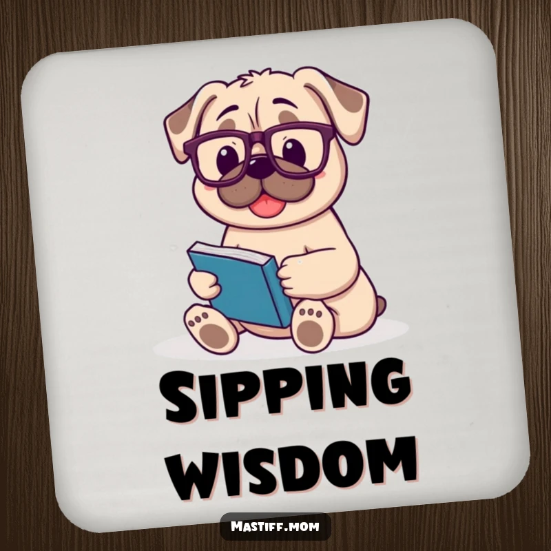 Funny Mastiff coasters with a happy dog wearing reading glasses, holding a book.