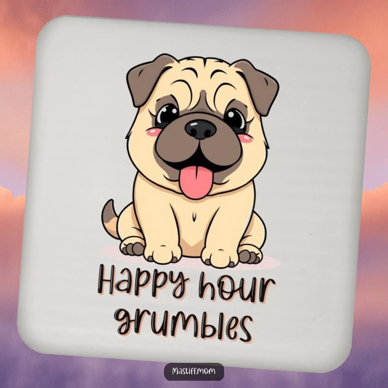 Funny Mastiff Grumble Coasters, showing a kawaii mastiff with a soft, happy grumble, protecting surfaces with serene humor.