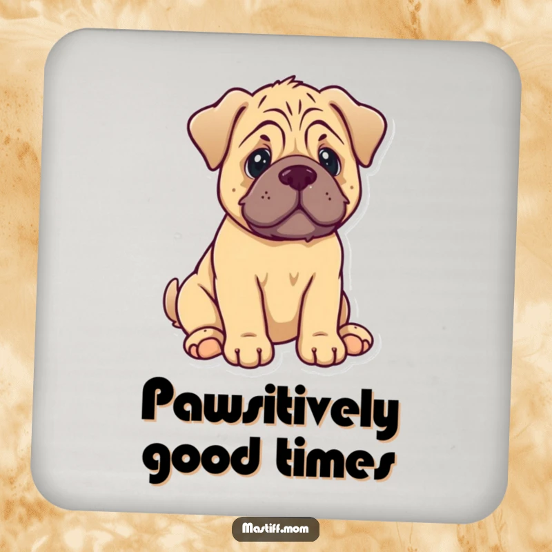Funny Mastiff Puppy Coaster: A sweet kawaii dog sits, providing a charming coaster for drinks.