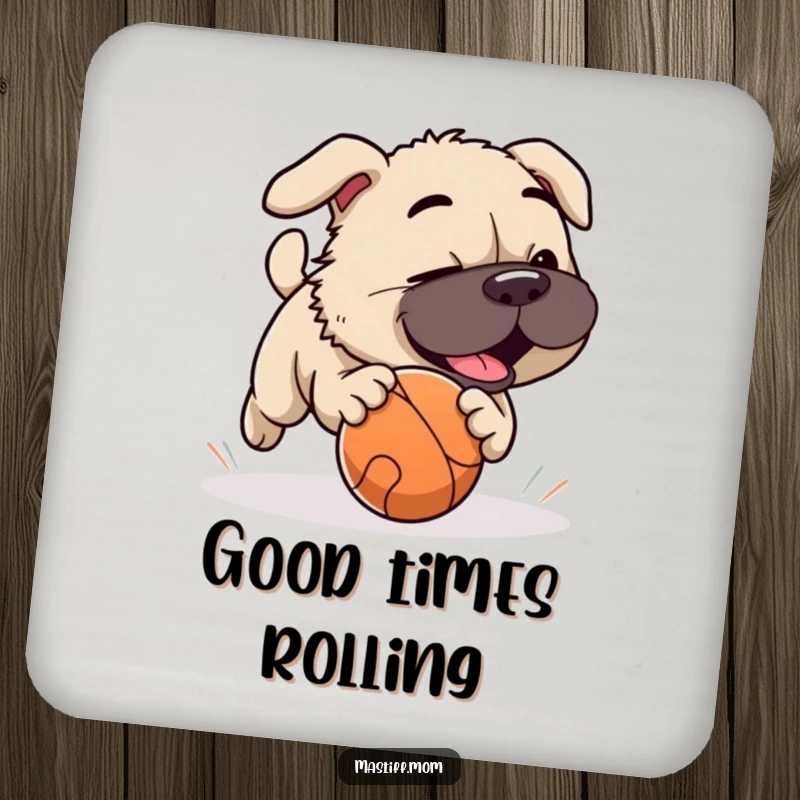 Funny Mastiff dog playfully chasing a rolling ball, charming coasters for drink protection and fun.