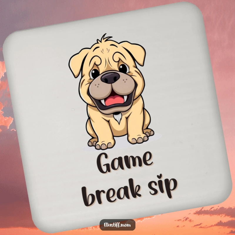 Funny Kawaii Mastiff Playful Growl Ready for Game Coaster, cute drink accessory, playful dog illustration, humorous home decor.