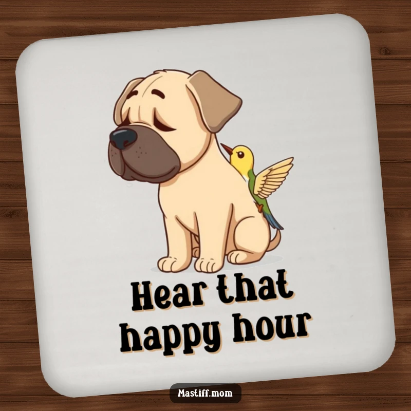 Funny Mastiff Bird Listener Coasters featuring a dog intently listening to a bird. Protects surfaces with humor.