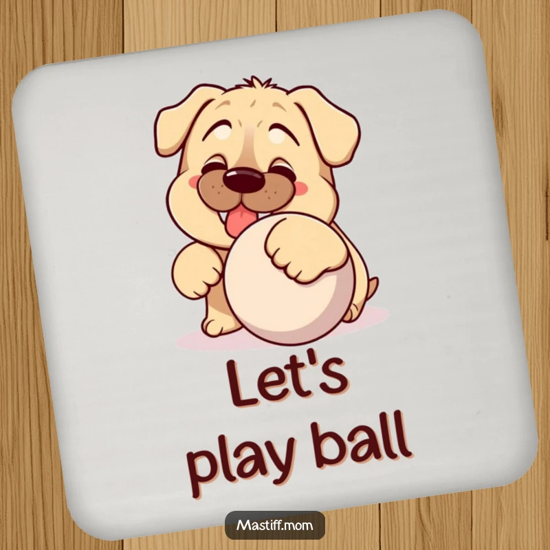 Funny Kawaii Mastiff drink coaster, featuring a silly dog's grin and a ball, protects furniture with style.