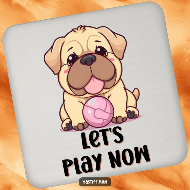 Funny Kawaii Mastiff coaster featuring a dog with a warm expression gently nudging a tiny ball, offering charming surface protection.