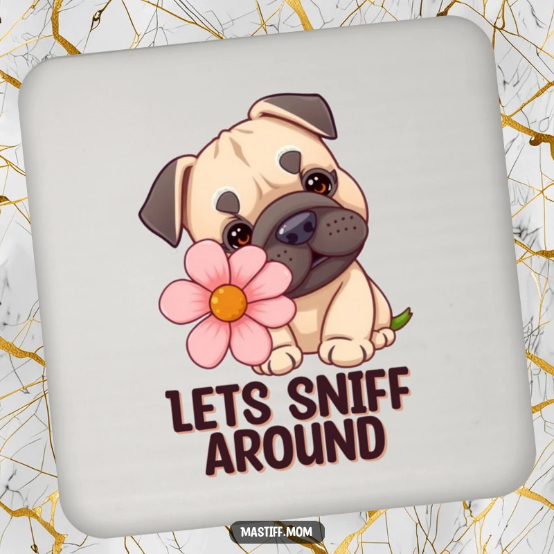Funny kawaii Mastiff drink coaster showing a dog curiously sniffing a comically huge flower, protecting surfaces with charm.