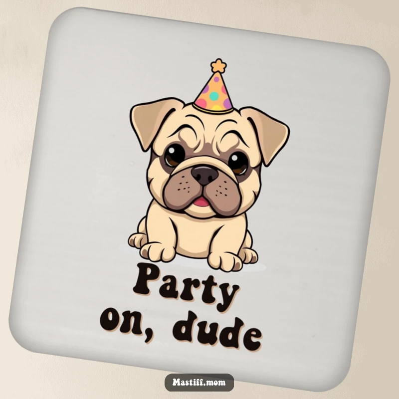 Funny Kawaii Mastiff Puppy Coaster displaying a happy puppy wearing a tiny, slightly tilted party hat with a cheerful expression.