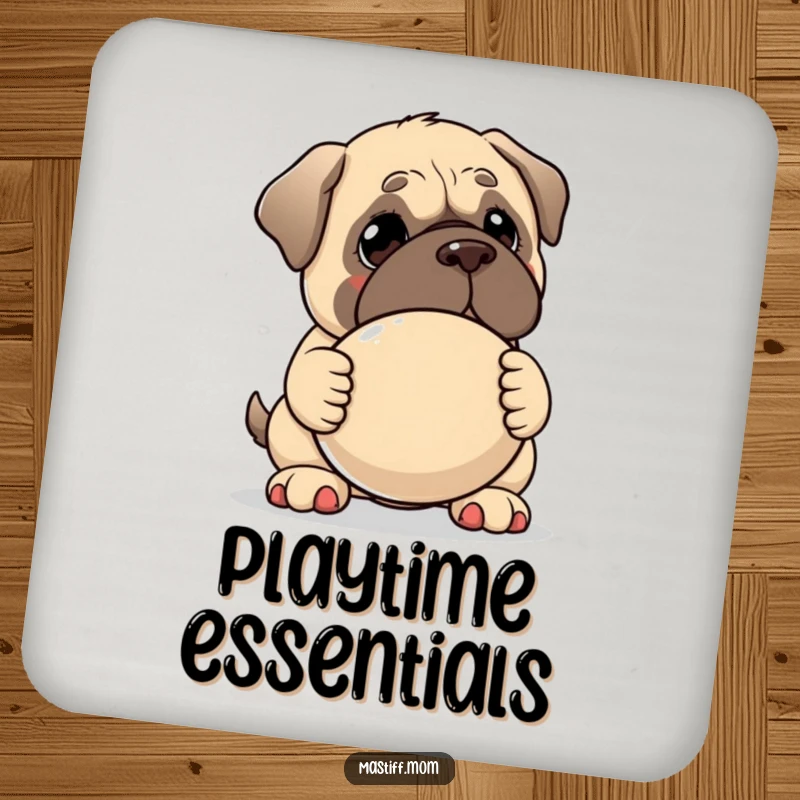 Funny Kawaii Mastiff coaster, featuring a gentle dog offering a large squeaky toy, protecting surfaces with sweet canine charm.