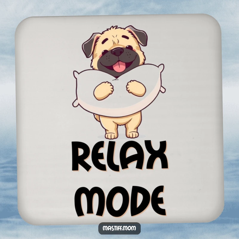 Funny Mastiff coasters featuring a cheerful dog carrying a large, soft pillow, protecting tables with style.