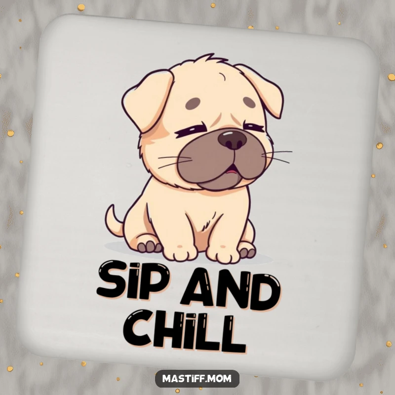 Funny Kawaii Mastiff Coaster: A content, cute mastiff with eyes closed, enjoying a gentle breeze, offering funny protection.