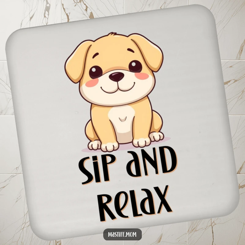 Funny drink coasters showing a large, gentle dog with a soft, peaceful, and loving smile, bringing warmth to any table.