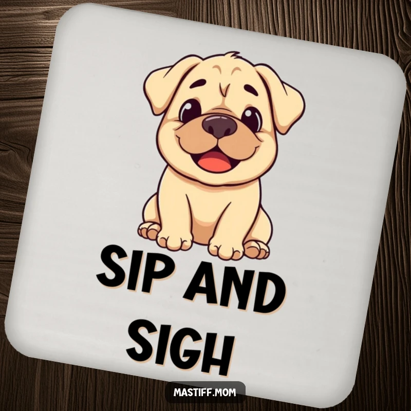 Funny stylized Mastiff coasters with a smiling dog letting out a gentle, happy sigh.