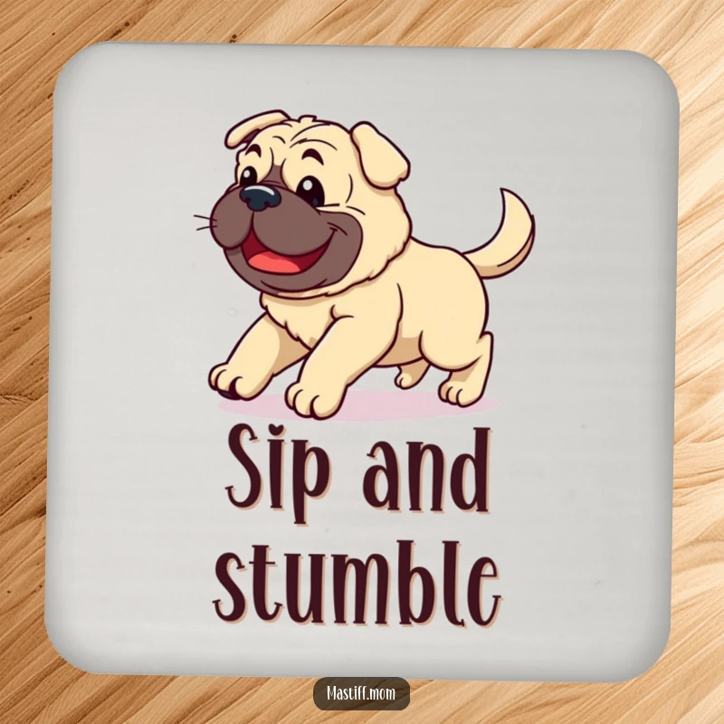 Funny Kawaii Mastiff drink coaster showing a clumsy joyful dog stumbling with a wagging tail, ideal for protecting tables.