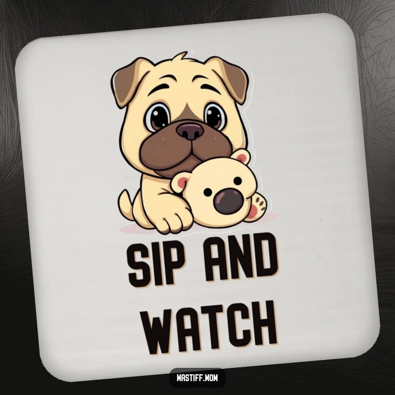 Funny Kawaii Mastiff Watchful Gaze Guarding Plush Toy Coaster, cute drink accessory, loyal dog illustration, humorous home decor.