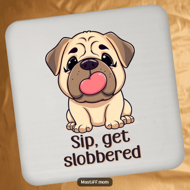 Funny Mastiff Coaster: Adorable kawaii Mastiff giving a gentle nudge and a slobbery kiss, protecting surfaces.
