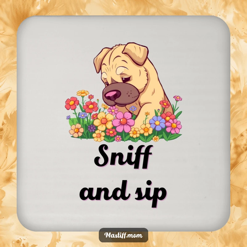 Funny Kawaii Mastiff Coaster: Adorable dog sniffing flowers, a humorous and practical accessory to protect surfaces.