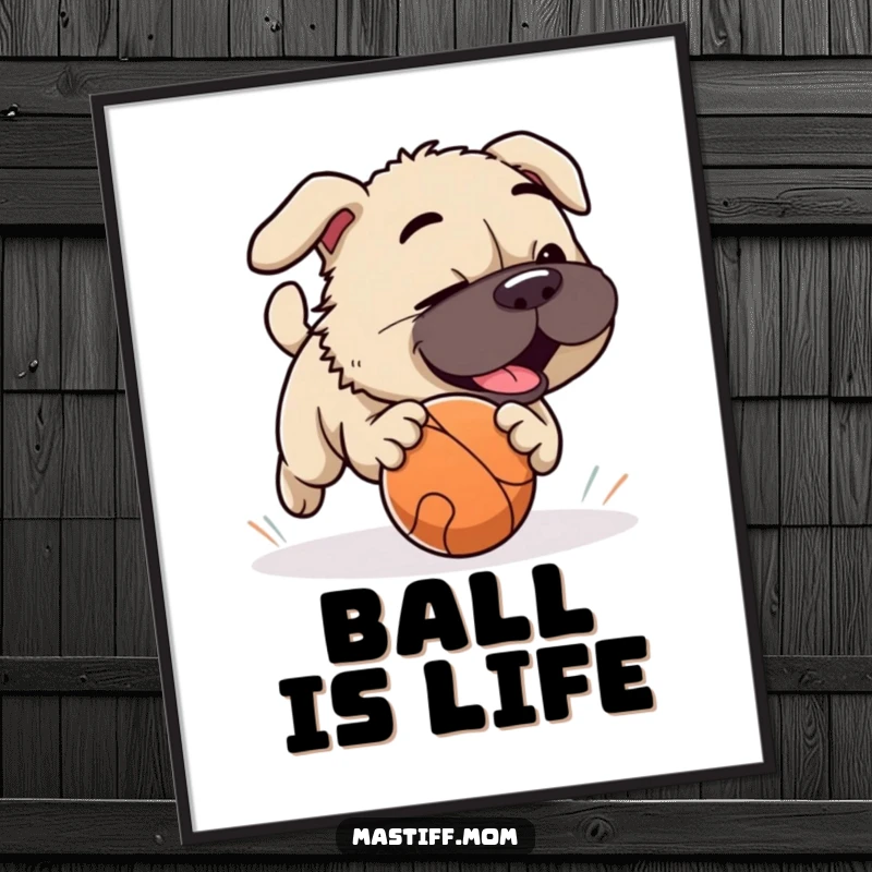 Funny Mastiff dog playfully chasing a rolling ball, depicting motion and joy on a wall poster.