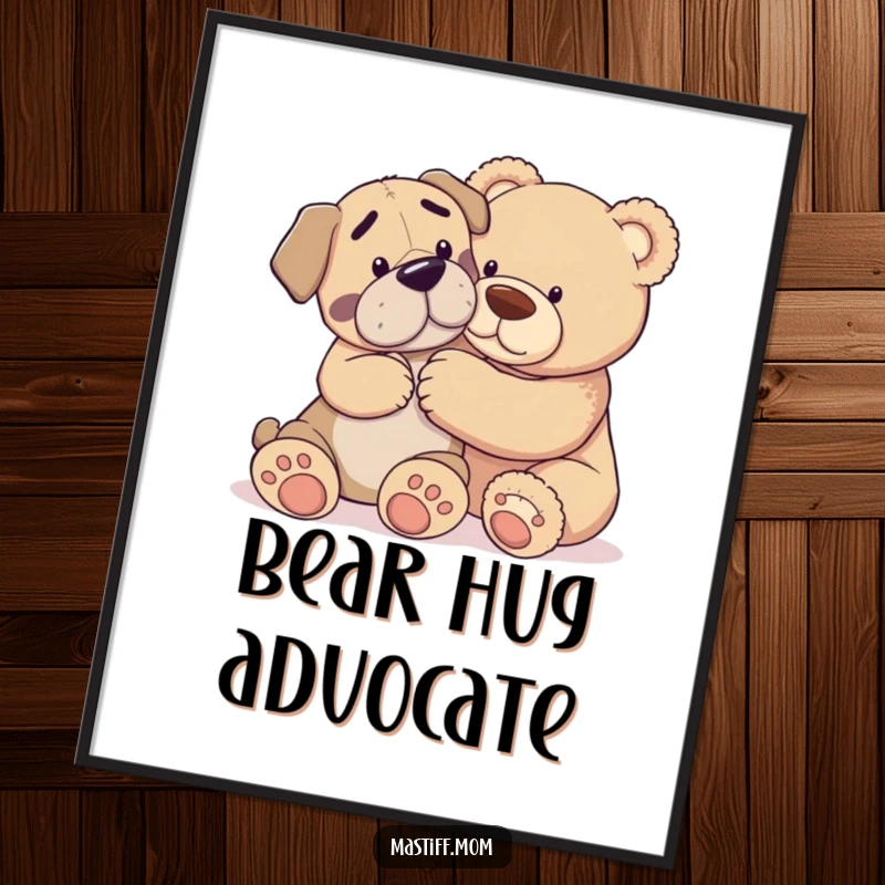 Funny poster featuring a Mastiff dog gently nudging a giant teddy bear, capturing a moment of sweet, playful interaction.